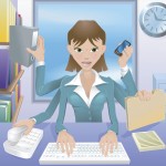 Business woman sitting desk multitasking