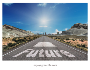 the word future and an arrow marked on a road in a rural landscape